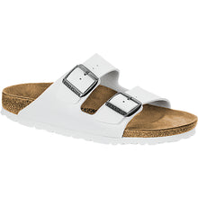 Load image into Gallery viewer, White Birkenstock Women&#39;s Arizona BirkoFlor Synthetic Double Strap Sandal Narrow Width Profile View
