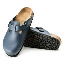 Load image into Gallery viewer, Blue With Black Sole Birkenstock Women&#39;s Boston Leather Clog Top Sole View
