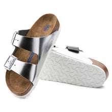 Load image into Gallery viewer, Silver With White Sole Birkenstock Women&#39;s Arizona SFB Metallic Leather Double Buckle Strap Slide Sandal Top Sole View
