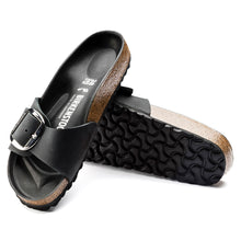 Load image into Gallery viewer, Black Birkenstock Women&#39;s Madrid Big Buckle Oiled Nubuck Single Strap Slide Sandal Narrow Width Top Sole View
