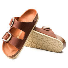 Load image into Gallery viewer, Cognac Brown Birkenstock Women&#39;s Arizona Big Buckle Nubuck Double Strap Sandal Narrow Width Top Sole View
