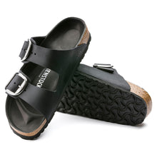 Load image into Gallery viewer, Black Birkenstock Women&#39;s Arizona Big Buckle Oiled Nubuck Double Strap Slide Sandal Top Sole View
