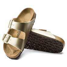 Load image into Gallery viewer, Gold With Black Sole Birkenstock Women&#39;s Arizona Gold Birko Floor Double Buckle Strap Slide Sandal Top Sole View
