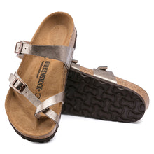 Load image into Gallery viewer, Graceful Taupe With Black Sole Birkenstock Women&#39;s Mayari BirkoFlor Metallic Synthetic Toe Loop Sandal Top Sole View
