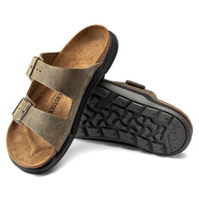 Load image into Gallery viewer, Faded Khaki Brownish Grey With Black Birkenstock Men&#39;s Arizona Rugged Oiled Nubuck Double Strap Slide Sandal Top Sole View
