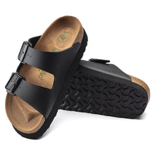 Load image into Gallery viewer, Black Birkenstock Women&#39;s Arizona Platform Vegan Birko Flor Double Strap Sandal Narrow Width Top Sole View
