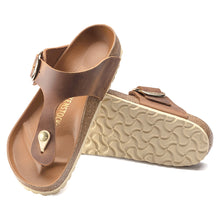 Load image into Gallery viewer, Cognac Tan Birkenstock Women&#39;s Gizeh Big Buckle Oiled Leather Thong Sandal Top Sole View
