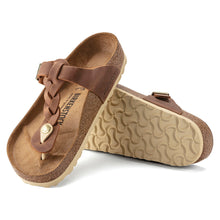 Load image into Gallery viewer, Cognac Tan Birkenstock Women&#39;s Gizeh Braid Oiled Leather Thong Sandal Top Sole View
