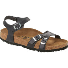 Load image into Gallery viewer, Black Birkenstock Women&#39;s Kumba Oiled Leather Adjustable Strap Sandal Profile View
