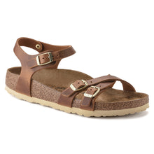 Load image into Gallery viewer, Cognac Brown With Beige Sole Birkenstock Women&#39;s Kumba Nubuck Adjustable Strap Sandal Profile View
