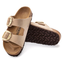 Load image into Gallery viewer, Sandcastle Dark Beige With Brown Sole Birkenstock Women&#39;s Arizona Big Buckle Nubuck Double Strap Sandal Narrow Width Top Sole View
