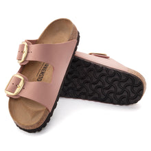 Load image into Gallery viewer, Rose Pink With Brown Sole Birkenstock Women&#39;s Arizona Big Buckle Nubuck Double Strap Sandal Narrow Width Top Sole View
