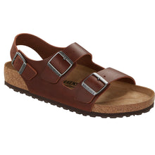 Load image into Gallery viewer, Vintage Wood Roast Brown With Black Sole Birkenstock Men&#39;s Milano Leather Triple Strap Sandal Profile View
