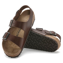 Load image into Gallery viewer, Vintage Wood Roast Brown With Black Sole Birkenstock Men&#39;s Milano Leather Triple Strap Sandal Top Sole View
