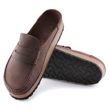 Load image into Gallery viewer, Habana Brown With Black Sole Birkenstock Men&#39;s Naples Oiled Leather Loafer Clog Top Sole View
