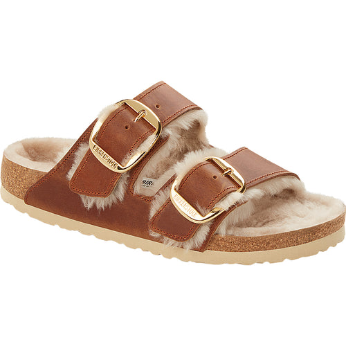 Cognac Brown With Beige Sole Birkenstock Women's Arizona Big Buckle Shearling Lined Oiled Leather Double Buckle Strap Sandal