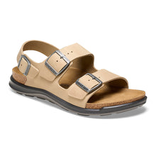 Load image into Gallery viewer, Tobacco Brown Beige With Black And Grey Sole Birkenstock Women&#39;s Milano Crosstown Oiled Nubuck Triple Strap Sandal Profile View
