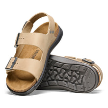 Load image into Gallery viewer, Tobacco Brown Beige With Black And Grey Sole Birkenstock Women&#39;s Milano Crosstown Oiled Nubuck Triple Strap Sandal Top Sole View
