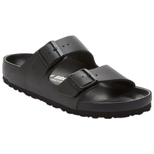 Load image into Gallery viewer, Black Birkenstock Women&#39;s Arizona Exquisite Aniline Leather Double Buckle Strap Slide Sandal Narrow Width Profile View
