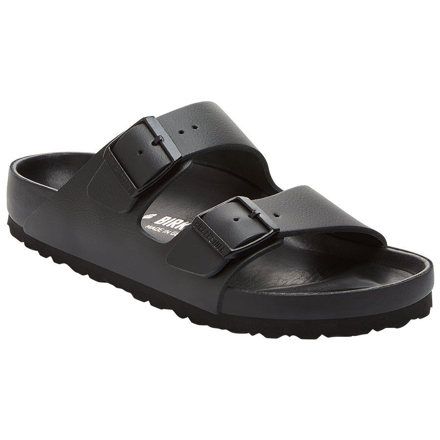 Black Birkenstock Women's Arizona Exquisite Aniline Leather Double Buckle Strap Slide Sandal Narrow Width Profile View