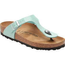 Load image into Gallery viewer, Surf Green With Black Sole Birkenstock Women&#39;s Gizeh Patent Birko Flor Synthetic Thong Sandal Profile View
