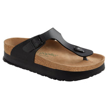 Load image into Gallery viewer, Black Birkenstock Women&#39;s Gizeh Flex Platform Birko Flor Thong Sandal Profile View
