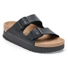 Load image into Gallery viewer, Black Birkenstock Women&#39;s Arizona Flex Platform Birko Flor Double Strap Slide Sandal Narrow Width Profile View
