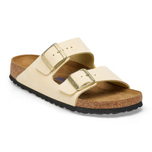 Load image into Gallery viewer, Ecru Beige With Black Sole Birkenstock Women&#39;s Arizona Nubuck Double Strap Sandal Narrow Width Profile View
