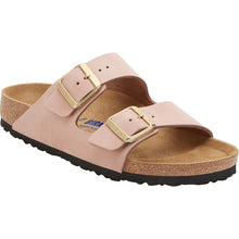 Load image into Gallery viewer, Soft Pink With Black Sole Birkenstock Women&#39;s Arizona Nubuck Double Strap Sandal Narrow Width Profile View
