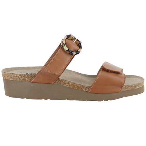 Caramel Tan Naot Women's Anabel Leather Double Strap Slide Sandal Buckle Accent