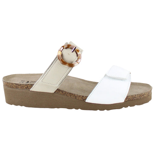 White And Ivory Light Grey Naot Women's Anabel Leather Double Strap Slide Sandal Buckle Accent