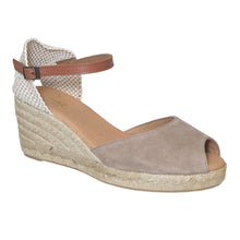 Load image into Gallery viewer, Africa Grey With White And Beige With Tan Ankle Strap Pinaz Women&#39;s 104-5 Fabric Open Toe Ankle Strap Espadrille Profile View
