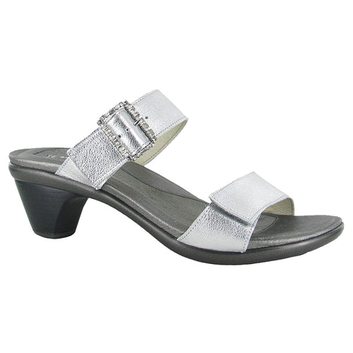 Silver With Black Sole Naot Women's Recent Advantgarde Metallic Leather Double Strap Heeled Sandal