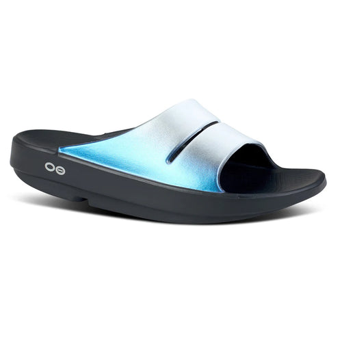Blue And White Gradient Frost With Black Sole Oofos Women's Ooahh Luxe Closed Cell Foam Sandal