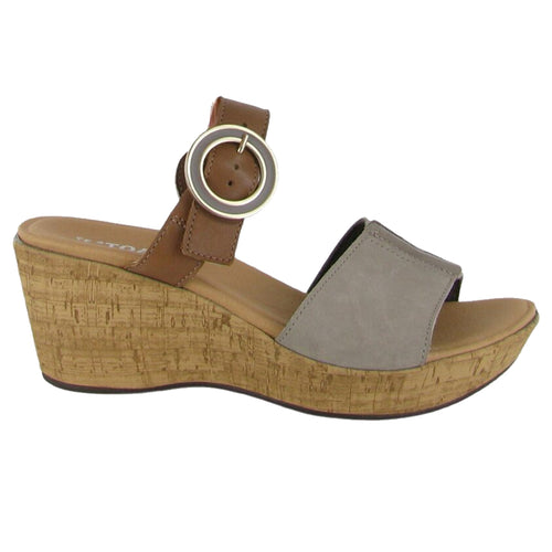 Stone Grey And Caramel Brown Naot Women's Breezy Nubuck And Leather Double Strap Wedge Slide Sandal