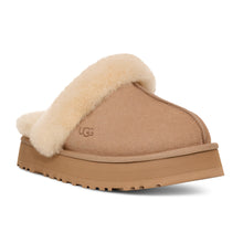 Load image into Gallery viewer, Sand Light Tan UGG Women&#39;s Disquette Suede With Beige Sheepskin Lining And Collar Winter Slipper Profile View
