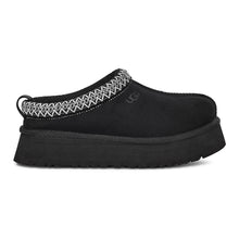 Load image into Gallery viewer, Black With Embroidered Black And White Collar UGG Women&#39;s Tazz Suede Platform Slipper Side View
