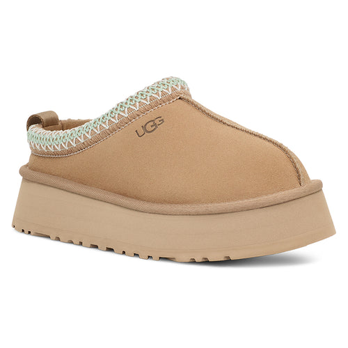 Sand Dark Beige With Embroidered Light Green And White Collar UGG Women's Tazz Suede Platform Slipper Profile View