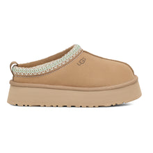 Load image into Gallery viewer, Sand Dark Beige With Embroidered Light Green And White Collar UGG Women&#39;s Tazz Suede Platform Slipper Side View
