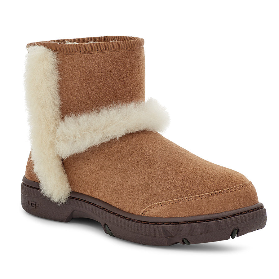 Chestnut Tan With Brown Sole UGG Women's Sunburst Mini Suede With White Furry Trim Bootie Profile View
