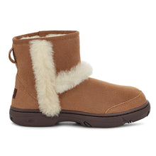 Load image into Gallery viewer, Chestnut Tan With Brown Sole UGG Women&#39;s Sunburst Mini Suede With White Furry Trim Bootie Side View
