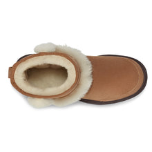 Load image into Gallery viewer, Chestnut Tan With Brown Sole UGG Women&#39;s Sunburst Mini Suede With White Furry Trim Bootie Top View
