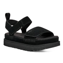 Load image into Gallery viewer, Black UGG Women&#39;s Golden Star Clog Suede Triple Strap Clog Sandal Profile View
