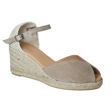 Load image into Gallery viewer, Africa Greyish Brown With Beige Pinaz Women&#39;s 116-5 Faux Nubuck Peep Toe Closed Back Ankle Strap Espadrille Profile View
