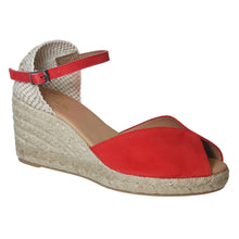 Load image into Gallery viewer, Coquelicot Red With Beige Pinaz Women&#39;s 116-5 Faux Nubuck Peep Toe Closed Back Ankle Strap Espadrille Profile View
