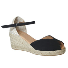 Load image into Gallery viewer, Negro Black With Beige Pinaz Women&#39;s 116-5 Faux Nubuck Peep Toe Closed Back Ankle Strap Espadrille Profile View
