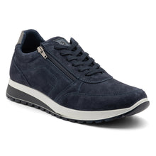 Load image into Gallery viewer, Navy With White And Black Sole Ara Men&#39;s Murray Casual Suede Sneaker Profile View
