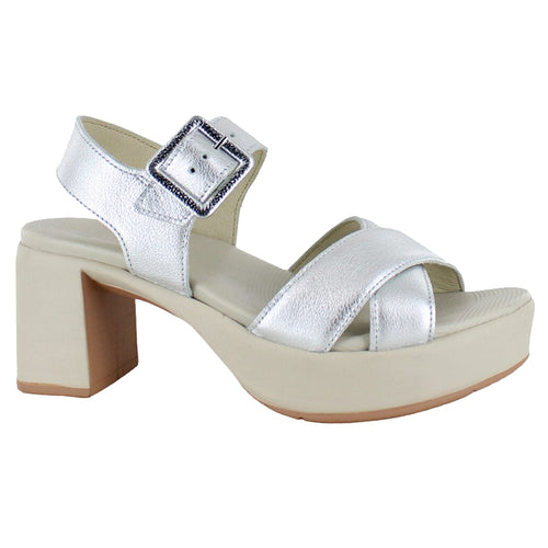 Silver With Tan Sole Naot Women's Elite Metallic Leather Heeled Ankle buckle Strap Sandal