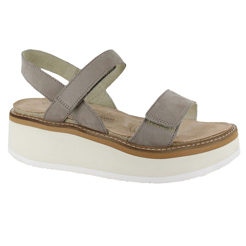 Stone Grey With Off White And White Sole With Camel And White Sole Naot Women's Meringue Nubuck Triple Strap Wedge Sandal