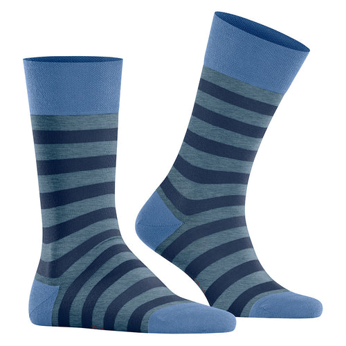Bonnie Blue With Dark Blue Striped Falke Men's Sensitive Mapped Line Calf Length Cotton Socks